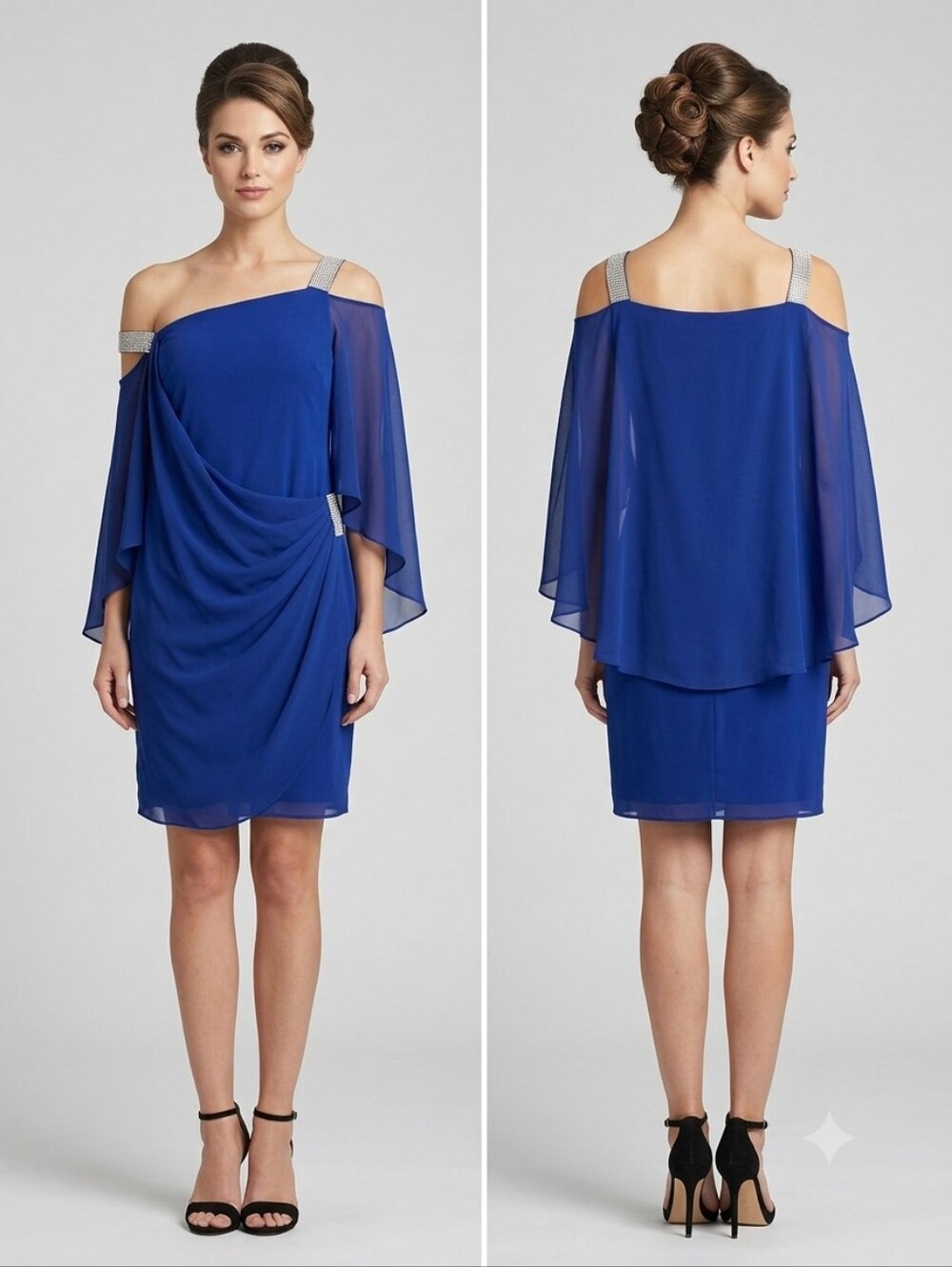 Elegant Cold-Shoulder‎ Royal Blue Cocktail Dress with Draped Overlay